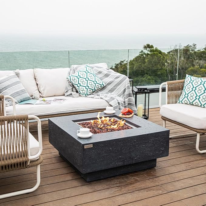 Manhattan Concrete Fire Pit 36" x 36" Outdoor Patio Firepit Includes Lava Rocks Modern Fire Pits & Outdoor Fireplaces for Garden, Deck, Indoor & Outdoor Heating