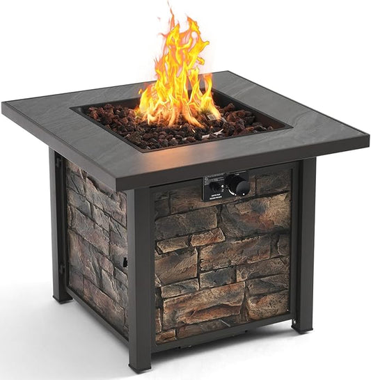 32'' Propane Fire Table for Ourdoor, Sintered Stone Tabletop & Polyresin Natural Stone Base, 50000 BTU Gas Fire Pit Table for Outside Patio and Garden, with Lava Rock