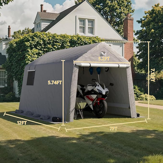 7x12 FT Outdoor Storage Shed, Portable Outdoor Storage Shelter with Roll Up Zipper Door and Vent Windows, Silver Grey