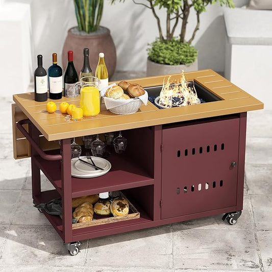 44" Gas Fire Pit Table, Table Top Firepit, 50000 BTU Gas Fire Pits for Outside Patio, Propane Fire Pit with Storage Space and Wine Glass Holder for Outdoor, Deck, Red