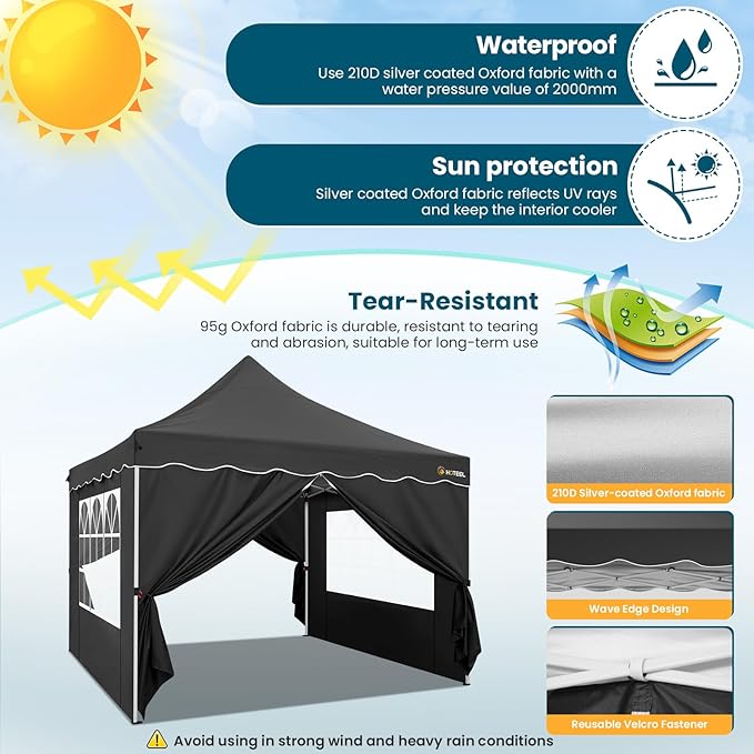HOTEEL Canopy Tent 10x10 Pop Up Canopy with 4 Removable Sidewalls, Sandbags, Stakes & Ropes, UPF 50+ Easy Setup Event Shelter Waterproof Outdoor Instant Portable Gazebo for Party, Vendor, Black