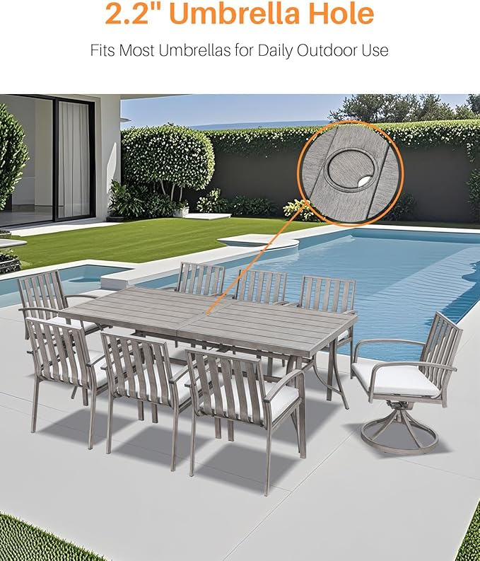 SEEHILL Aluminum Outdoor Dining Table for 8, 84" Rectangle Patio Dining Table with 2.2" Umbrella Hole, 8 Person Outdoor Dining Tables for Deck, Backyard, Garden, Poolside, Limed Oak