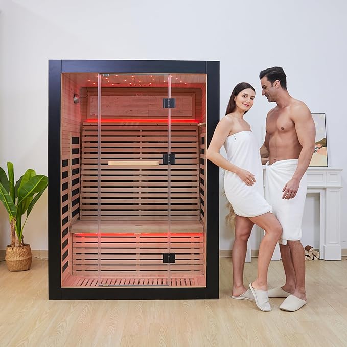 RIGO 2 Person Infrared Sauna for Home - Canadian Hemlock Luxury Spa with Exclusive Star Sky Roof & Oxygen Bar, 7 Low EMF Graphene Heaters, Bluetooth