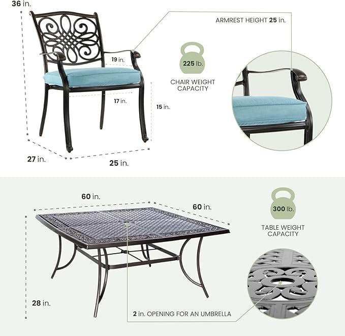 Hanover Traditions 9-Piece Patio Dining Set with 60" Square Cast-Top Dining Table and 8 Chairs with Blue Cushions, Modern All Weather Outdoor Dining Set with Rust-Resistant Aluminum Frames