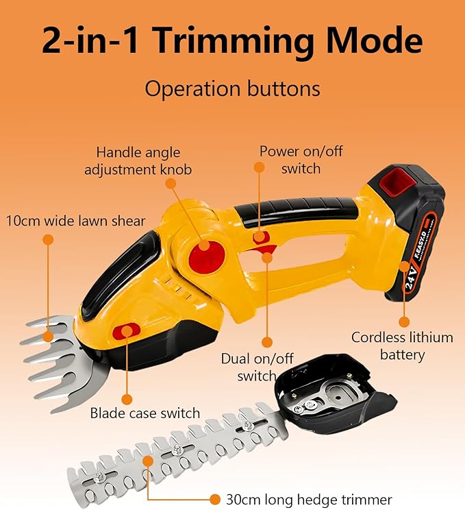 24V Cordless 2-in-1 Hedge Trimmer - High Power Long-Lasting Battery & Charger Included - Ideal for Garden Yard Lawn Edging