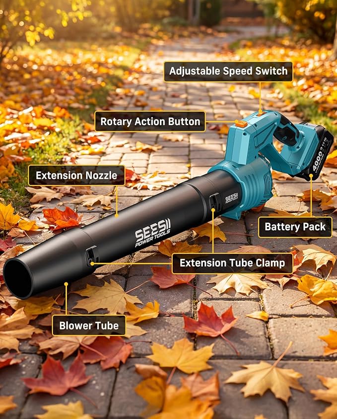 SEESII Leaf Blower Cordless, Rotated 180° Electric Leaf Blower with 2 * 4.0Ah Batteries and Charger, 550CFM 150MPH Lightweight Blower with 5 Speed Mode for Lawn Care, Yard, Patio & Outdoor Use