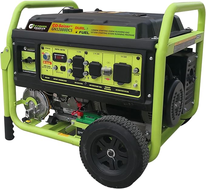 Green-Power America 12000 Watt Dual Fuel Portable Generator,Gas or Propane Powered,Recoil Start, Equipped with CO-Seizer CO Protection System,49 State Approved