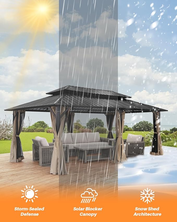 SEEHILL 12' x 20' Hardtop Gazebo, Outdoor Patio Gazebo, Aluminum Frame Patio Hardtop Gazebos with Netting and Curtain, Outdoor Patio Pergola with Double Steel Roofs for Deck, Lawns, Parties, Sandstone