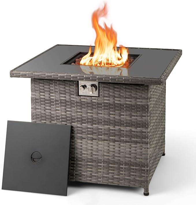 Tangkula 32.5 Inch Propane Fire Pit Table, Outdoor Rattan Gas Firepit with Tempered Glass Tabletop & Stainless Steel Burner, Square Fire Pit with Lava Rocks & Protective Cover for Outside Patio