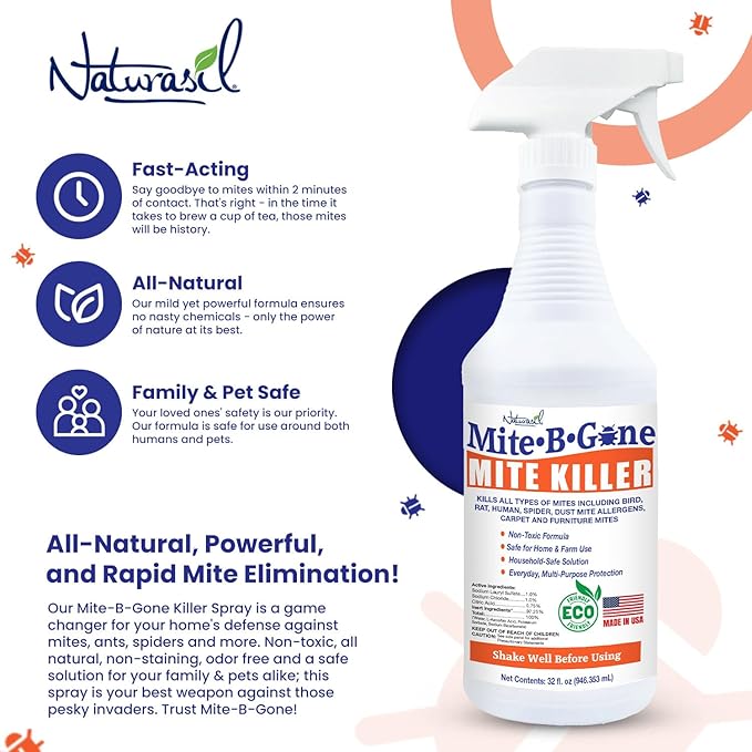Mite Killer Spray by Mite-B-Gone — Kills Human Mites, Dust, Spider, Rat, Carpet & Bird Mites in Homes, Furniture, Bedding, Auto & On Animals | Non-Toxic | Kid & Pet Safe | 32oz Spray