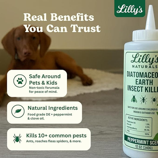 Diatomaceous Earth Food Grade with Peppermint Oil Crawling Insect Killer | Indoor Pest Control Powder for Bed Bug, Roach, Ant, Fleas | Lilly's naturals, 12 fl oz