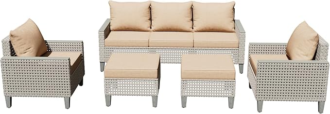 Outdoor Patio Furniture Set 7-Piece Modular Wicker Sectional Sofa with Ottomans and Thick Cushions, Modern Rattan Outdoor Conversation Couch for Garden Backyard, Khaki