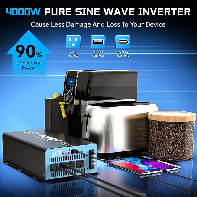 New Upgraded 4000 Watts Pure Sine Wave Inverter, 12V DC to 110V AC Power Inverter with 4 AC Outlets, USB Port, Type-C Port for Truck, Vehicle, Power Outage, Remote Control with LCD Screen