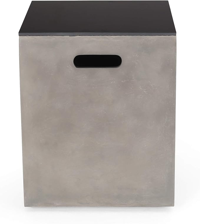 Propane Tank Cover Table for Fire Pits, 20 LB Concrete Propane Tank Holder with Side Handles, Outdoor Tank Storage Side Table for Patio, Gas Griddle, Black+Gray, Ceramic Top