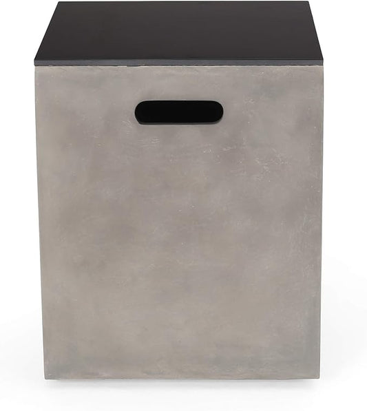 Propane Tank Cover Table for Fire Pits, 20 LB Concrete Propane Tank Holder with Side Handles, Outdoor Tank Storage Side Table for Patio, Gas Griddle, Black+Gray, Ceramic Top