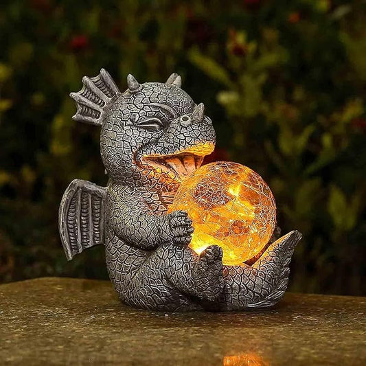 Jy.Cozy Garden Dragon Statue Solar Powered Outdoor Figurine Light Decor Cute and Hold Glowing Glass Ball Resin Sculpture Home Decoration for Porch Patio Lawn Farm Yard Housewarming Ornament Gift