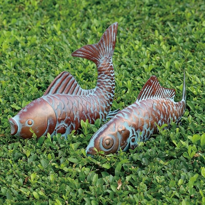 CLYB Metal Koi Fish Sculptures, Outdoor Garden Sculptures & Statues, Antique Copper Koi Pond Decor, Set of 2 Koi Fish Figurines Artwork, Garden Statue for Indoor Outdoor Patio Backyard Home Kitchen