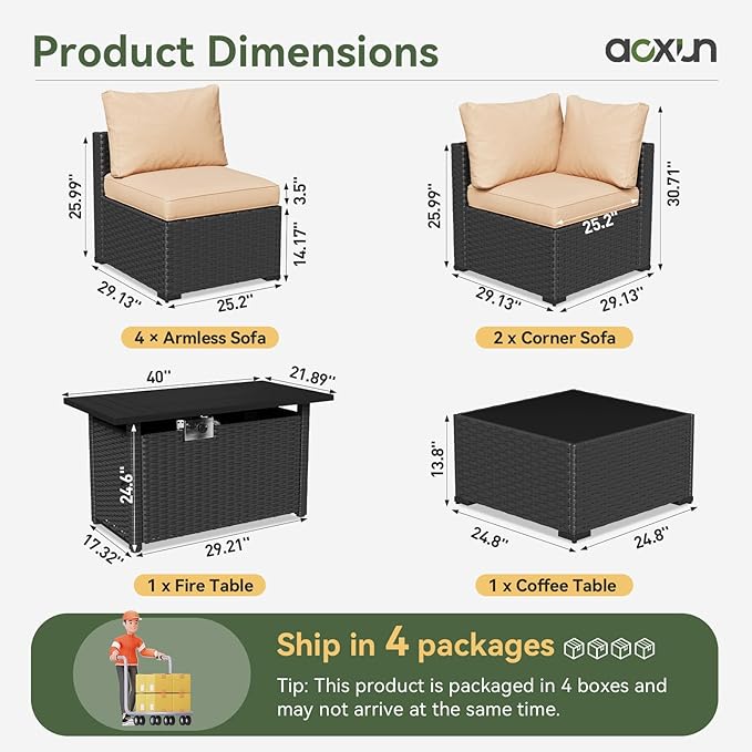 Aoxun 8 Piece Patio Furniture Set with 44” Fire Pit Table Wicker Rattan Patio Sectional Sofa Set Outdoor Seating Furniture with Thickened Cushion, Beige