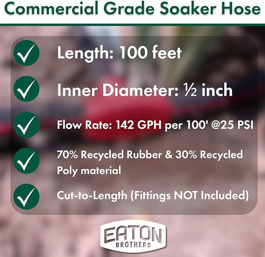 Eaton Brothers Bulk Soaker Hose 1/2-Inch Diameter x 100 ft – Recycled Rubber Garden Hose with No Ends – Durable and Efficient Soaker Hose for Lawns, Plants, Raised Beds, and Landscaping