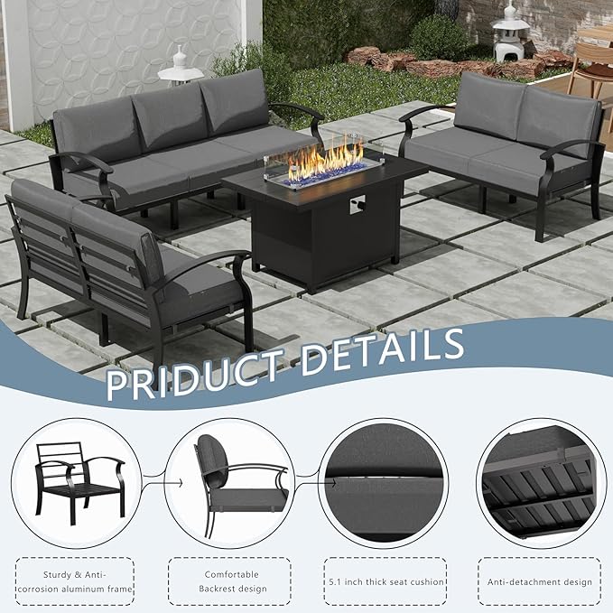 Aluminum Patio Furniture Set with Fire Pit Table, 7 Seats Outdoor Conversation Set Modern Metal Patio Sectional Sofa with Upgrade Cushions for Patio, Backyard (Grey)