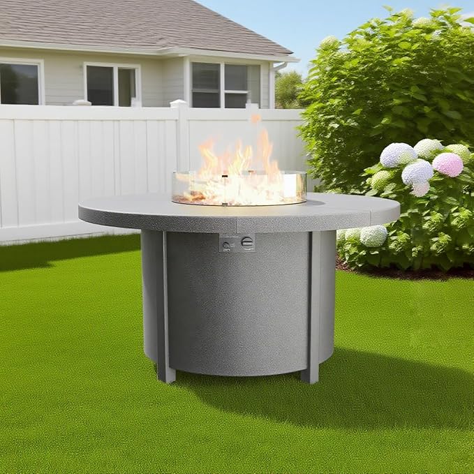 48" Round Propane Fire Pit Table with Lid, 40,000 BTU Outdoor Gas Fire Pits CSA Certified for Outside Steel Tabletop Fire Pit with Blue Glass Rock&Windshield Glass for for Patio, Balcony,Garden