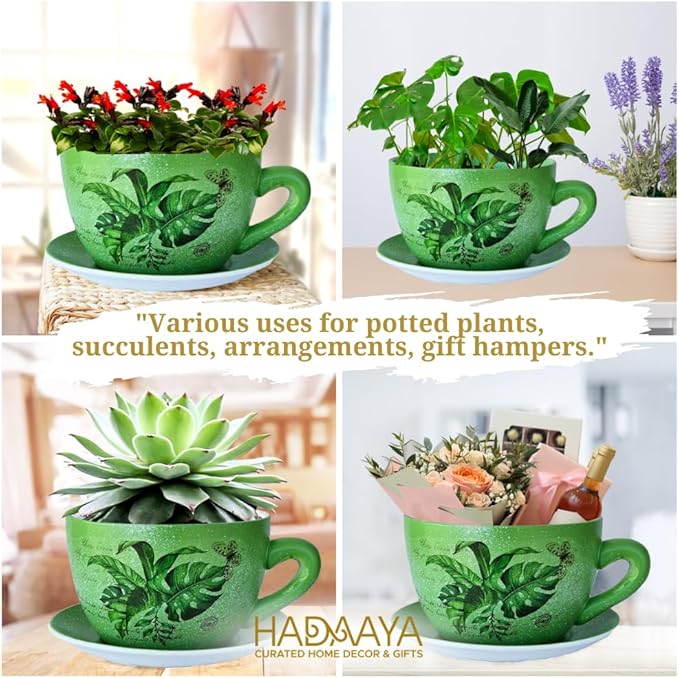 7.5" Ceramic Teacup Planter Pot with Saucer | Ideal for Succulents, Orchids, Herbs & Flowers | Indoor & Outdoor Use Green - Palm Leaves