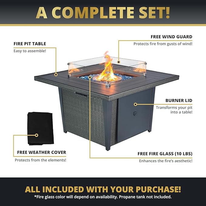 42 Inch Propane Gas Fire Pit Table, 50,000 BTU Outdoor Square Aluminum Fire Pit Table, Lid Wind + Guard + Weather Cover, CSA Certified 2 in 1 Rattan Fire Table for Patio, Garden, Backyard, Gray