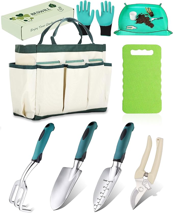 8-Piece Heavy-Duty Gardening Tools Set with Tote Bag - Rust-Proof Aluminum Gardening Hand Tools with Ergonomic Non-Slip Rubber Grips - Gardening Supplies Set Ideal Gift for Men & Women