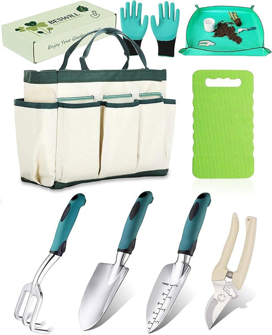 8-Piece Heavy-Duty Gardening Tools Set with Tote Bag - Rust-Proof Aluminum Gardening Hand Tools with Ergonomic Non-Slip Rubber Grips - Gardening Supplies Set Ideal Gift for Men & Women
