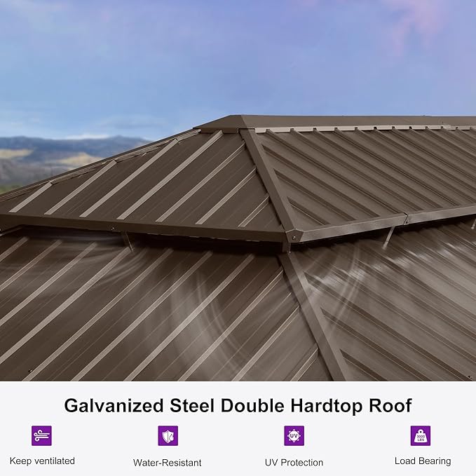 PURPLE LEAF 12' X 26' Outdoor Hardtop Gazebo Patio Wide Aluminum Frame Metal Double Roof with Heavy Duty Netting and Curtains for Permanent Hard Top Pavilion Screen Khaki