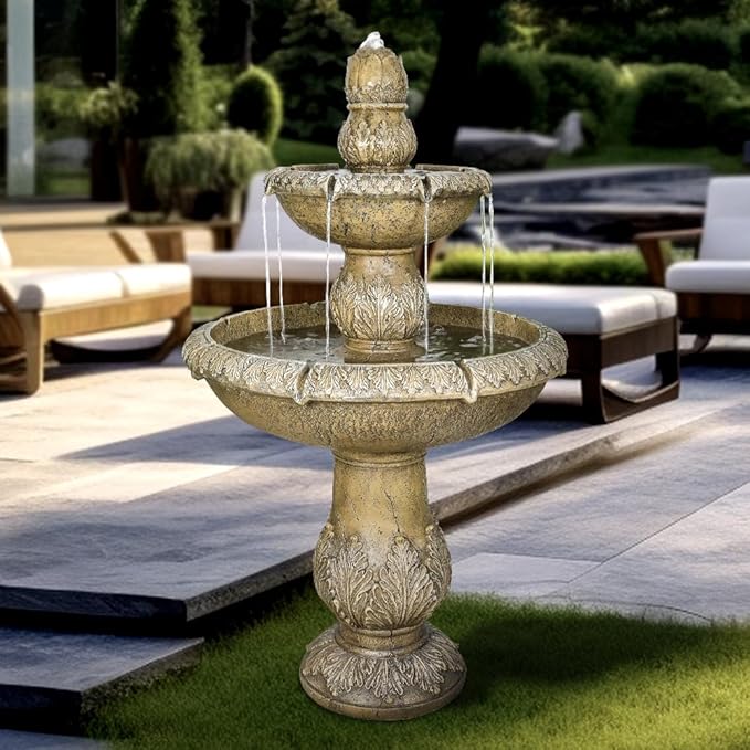 ourrco 47.2" H Italian Outdoor Floor Standing Fountain and Waterfalls 2-Tier Water Fountains with Budding Lotus Top for Outdoor Garden, Backyard, Porch, Deck, Lawn, Patio