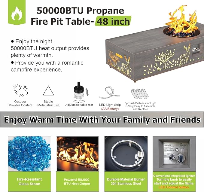 48 inch Propane Fire Pit Table LED, 2 in 1 Rectangular Outdoor Fire Pit with 20lb Tank Cover, Outside Patio Deck and Garden, Gas Fireplace Table with Lid and Stone, 50,000 BTU Adjustable Flame