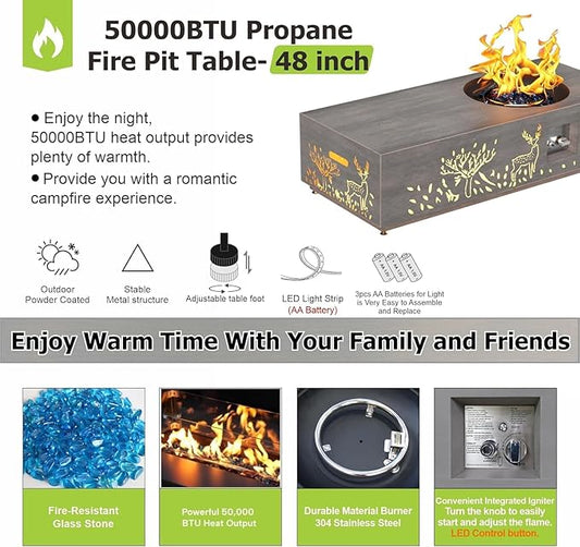 48 inch Propane Fire Pit Table LED, 2 in 1 Rectangular Outdoor Fire Pit with 20lb Tank Cover, Outside Patio Deck and Garden, Gas Fireplace Table with Lid and Stone, 50,000 BTU Adjustable Flame