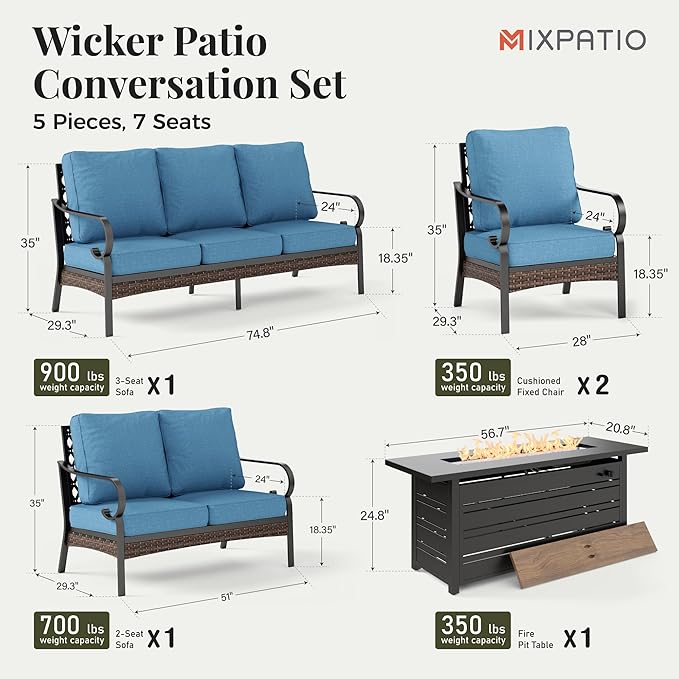 Patio Furniture Set with Firepit Table, Black Frame Outdoor Conversation Set with 2 x Fixed Chairs, 1 x 2-Seat Sofa, 1 x 3-Seat Sofa for Lawn Garden Backyard, Navy Blue