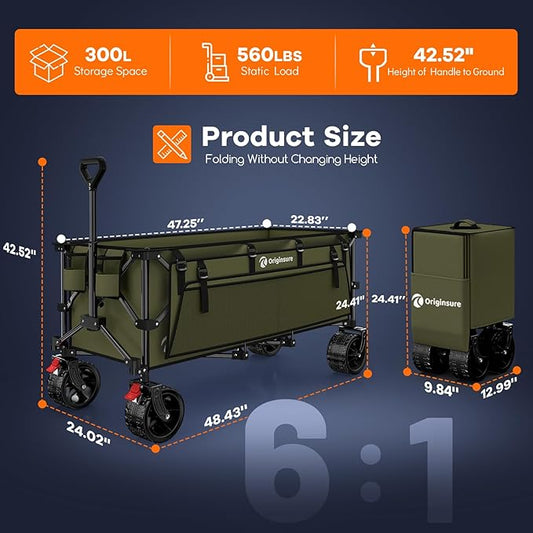 48" L Folding Beach Wagon Cart Foldable, 560lbs Weight Capacity 300L Heavy Duty Collapsible Wagons with Big All-Terrain Wheels, Utility Carts for Groceries, Shopping, Camping, Sports - Green
