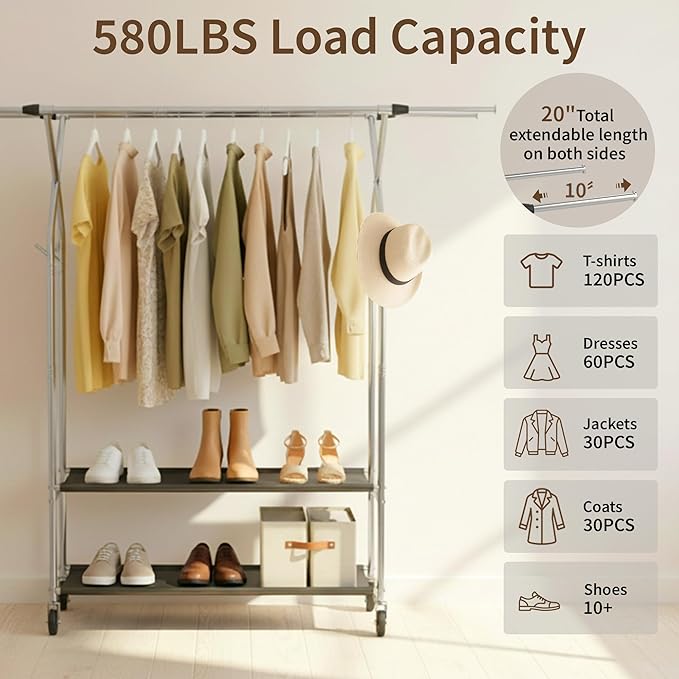 Heavy Duty Clothes Rack,Double Rods Clothing Rack for Hanging Clothes,Rolling Clothing Racks with Wheels,Metal Garment Rack for Bedroom Laundry Living Room,Light Silver