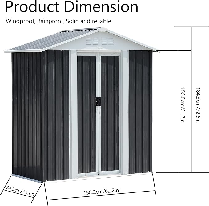 5x3 FT Outdoor Storage Shed with Base,Tool Shed with Sloped Roof and Sliding Door,All Weather Resistant Metal Shed for Backyard Garden Patio Lawn,Grey