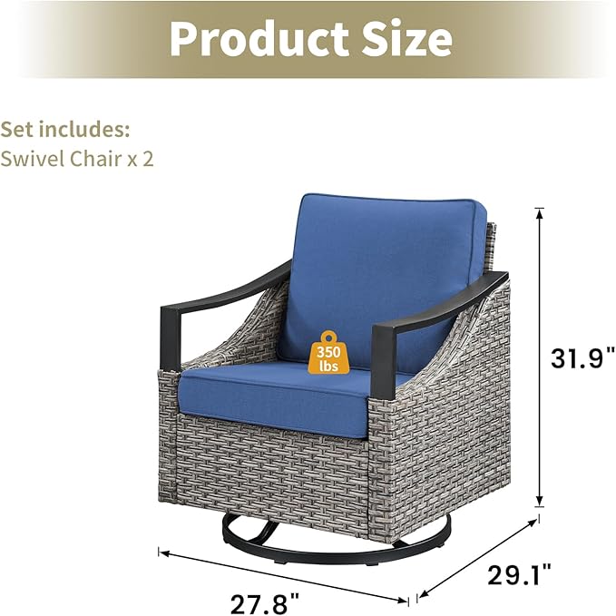 Swivel Outdoor Rocker Patio Chairs - Outdoor Swivel Rocking Chairs Set of 2, Wicker Chair Outdoor Patio Furniture Sets with Removable Cover Thick Cushions for Porch Balcony Deck Gray/Blue