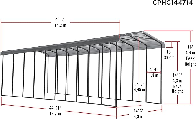 Arrow Carports Galvanized Steel Carport, RV Metal Carport Kit, 14' x 47' x 14', Charcoal