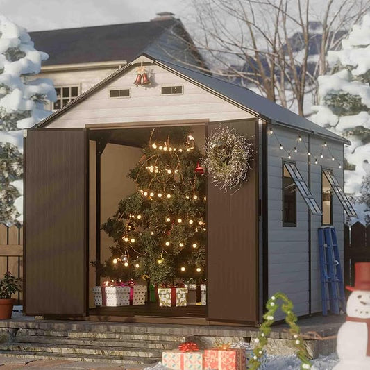 8x8x7.8 Shed with Floor, Heavy-Duty Plastic Resin Sheds & Outdoor Storage, Garden Tool Shed for Backyard, Patio, Bike Storage with Lockable Awning Windows & Reinforced Steel Frame 23-Gauage
