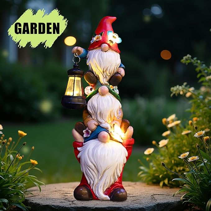 twinbling Garden Gnome Statue with Solar Lights Garden Sculptures Funny Triple Gnome Outdoor Patio Lawn Yard Balcony Home Decor Birthday Gift for Woman Grandma 12 in Spring Gnomes