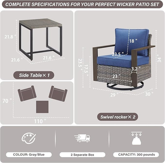 Belord Outdoor Swivel Rocker Chairs Set of 2 with Metal Wide Armrests, 3 Piece Patio Bistro Wicker Chairs with Side Table, Comfort Glider Furniture for Porch, Deck, Sunroom, Backyard