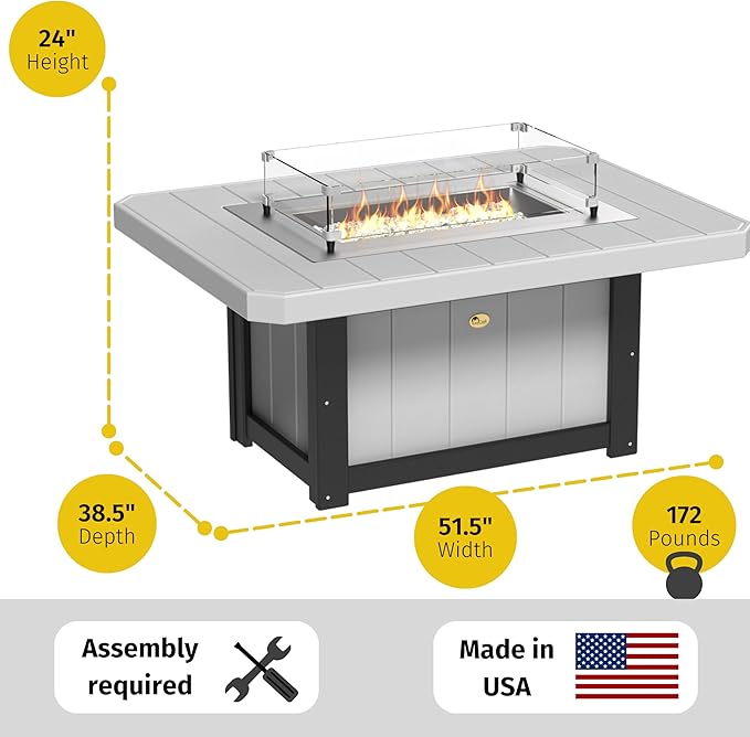 LuxCraft 51" Lumin Rectangular Gas Propane Fire Pit Table for Outdoor Patio with Tempered Glass Wind Guard and Stainless Steel Burner Cover - Amish Made in USA (Aruba & White)