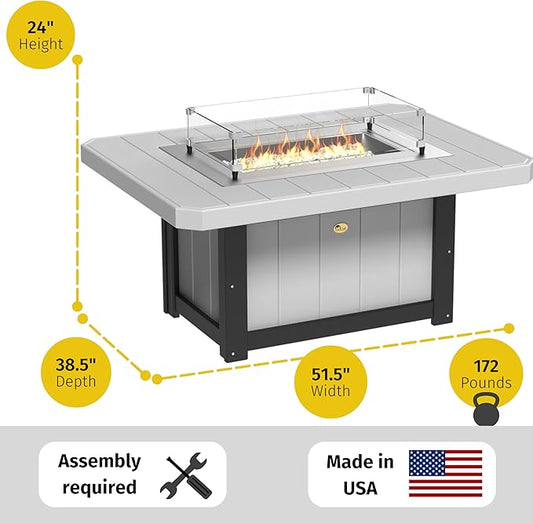 LuxCraft 51" Lumin Rectangular Gas Propane Fire Pit Table for Outdoor Patio with Tempered Glass Wind Guard and Stainless Steel Burner Cover - Amish Made in USA (Antique Mahogany)