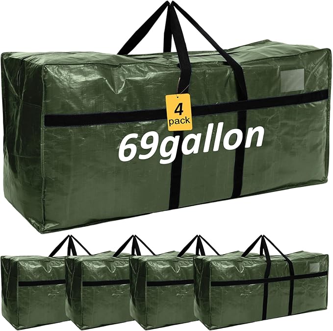 Windyun 4 Pack 69 Gallon Extra Large Storage Bags XXL Moving Bags with Zipper Handles Heavy Duty Jumbo Big Tote Box for Christmas Tree Storage 4, 5, 7.5, 9, 10, 12 ft Skeleton College Dorm(Army Green)