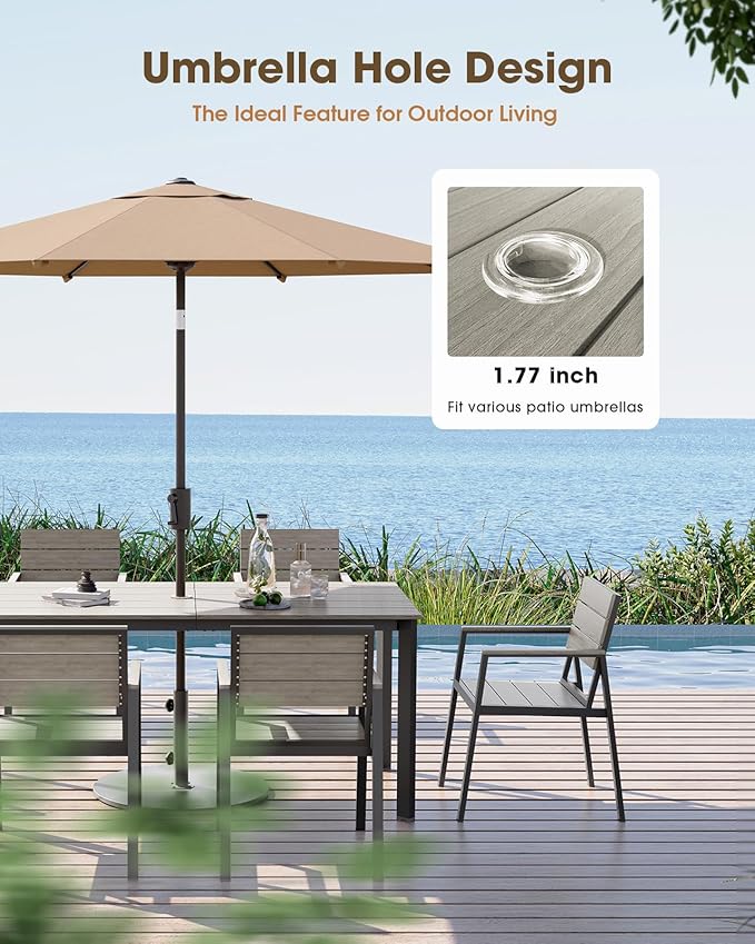 Outdoor Patio Dining Table, HDPE & Aluminum Outdoor Table with Umbrella Hole, All-Weather for Deck, Garden, Lawn, Backyard, Poolside and Indoor Use (Classic Gray)