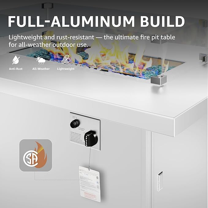 BULEXYARD 43" Aluminum Outdoor Propane Fire Pit Table, 60,000 BTU Rectangular Firepit Coffee Table with Wind Guard & Glass Stone, Large CSA Safety Approved Fireplace for Backyard Deck Garden, White