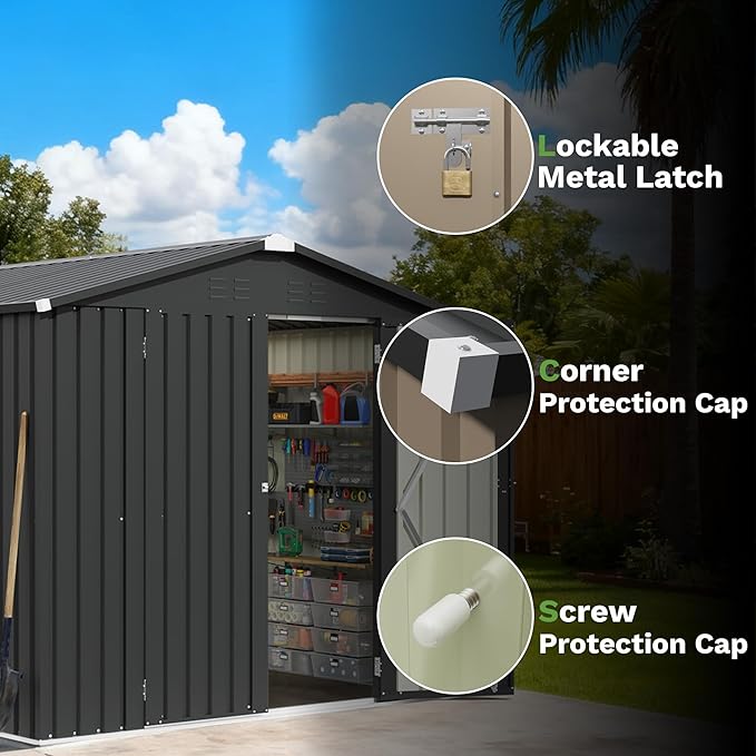 Patiowell 8x8 FT Outdoor Storage Shed, Heavy Duty Tool Storage Sheds with Lockable Doors and Updated Frame Structure for Backyard Patio Lawn, Black