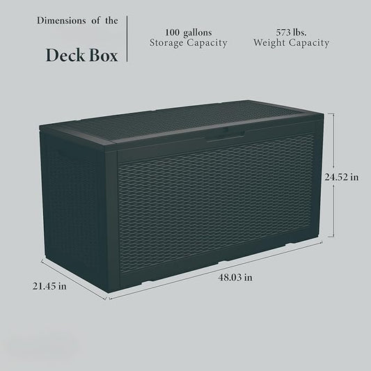 Mersco 100 Gallon Double-Wall Resin Deck Box - Lockable Waterproof Outdoor Storage Box, 1000lbs Capacity & Doubles as Seating for Patio Furniture - Garden Tools, Pool Accessories (Black)