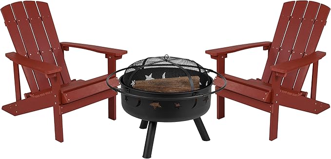 EMMA + OLIVER Campfire Set - Two Red Poly Resin Adirondack Chairs - 29" Star and Moon Fire Pit with Mesh Cover - Weather Resistant - Wood Burning Fire Pit